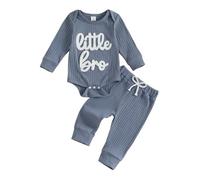 Little Brother Newborn Outfit Embroidery Ribbed Bodysuit Jogger Pants Cute 2Pcs Baby Boy Fall Winter Clothes Welcome Home Baby Announcement 3 6 9 12Months (Blue, 3-6 Months)