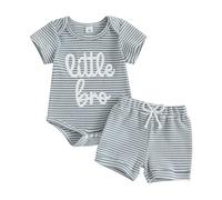 Little Brother Newborn Outfit Little Bro Romper Waffle Striped Bodysuit Casual Shorts Cute 2Pcs Welcome Home Baby Boy Summer Clothes 3 6 12 18Months