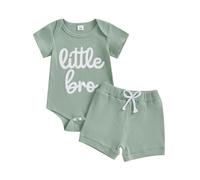 Little Brother Newborn Outfit Little Bro Romper Waffle Striped Bodysuit Casual Shorts Cute 2Pcs Welcome Home Baby Boy Summer Clothes 3 6 12 18Months (Green, 0-3 Months)
