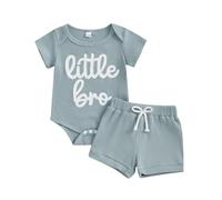 Little Brother Newborn Outfit Little Bro Romper Waffle Striped Bodysuit Casual Shorts Cute 2Pcs Welcome Home Baby Boy Summer Clothes 3 6 12 18Months (Sky Blue, 0-3 Months)