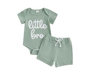 Little Brother Newborn Outfit Little Bro Romper Waffle Striped Bodysuit Casual Shorts Cute 2Pcs Welcome Home Baby Boy Summer Clothes 3 6 12 18Months