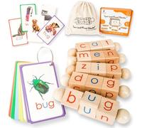 LITTLE BUD KIDS Spin-and-Read Phonics Toy, Rotating Wooden Reading Blocks with CVC Flashcards, A Montessori Reading Learning Resources Toy for 3-5 years old