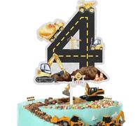 Little Builder Number 4 Cake Topper | Road Path Style Dig It! Decor for Fourth Year Old Kids | Excavator & Crane Party Supplies | Construction Zone Theme Dump Truck Decoration (4th)