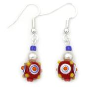 "Little Bumpy" Small Earrings of Bright Red Lampwork Glass with Blue and Yellow Accents