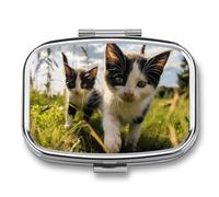 Little Cat on The Grass Pill Box 2 Compartment, Portable Pill Case with Mirror for Pocket Purse Travel, Mini Metal Medicine Organizer for Vitamins Fish Oil