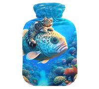 Little Cat Riding on Fish Hot Water Bottle with Soft Velvet Cover Hot Water Bag for Hot and Cold Compress, 2 Liters