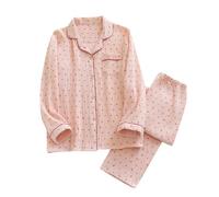 Little Cherry Women's Pyjama Set Summer Double Crepe Pyjamas with Lapel Long Sleeves and Long Trousers Home Clothing Set Trousers Black Women's Flared, pink, L