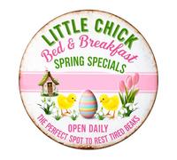 Little Chick Bed & Breakfast Round Aluminum Metal Sign Retro Spring Specials Easter Eggs Chicks Tulips Cottage Open Daily for Home Farmhouse Wall Decoration 8x8 Inch