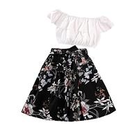 Little Child Big Kids Girls' Sets A Word Collar Top Vintage Print Half Skirt Summer Daily Wear Baby Girl Summer Dress (White, 7-8 Years)
