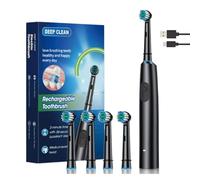 LITTLE CLASSIC USB Rechargeable Adult Electric Toothbrush, 4 Round Replacement Heads, 5 Cleaning Modes, Ultra-Soft Nylon Bristles, Safe & Gentle Cleaning Sensitive Teeth - (Box Set) (Obsidian Black)