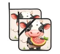 Little cow eating watermelon Picture Square heat-proof pot holders (set of two) 8x8 in : Quality fabrics, Anti-scalding and easy to clean