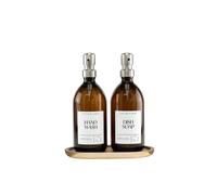 Little Crafts London - Set Of 2 Amber Glass Bottle 500 ML With Stainless Steel Pump & Oval Acacia Tray - Hand Wash & Dish Soap (Silver 1)