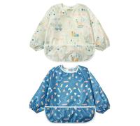 Little Dimsum Long Sleeves Toddler Weaning Bibs |Sleeved Baby Waterproof Feeding Coverall Set | Catching Food & Wipe Clean 6-36 Months(building blocks)
