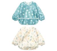 Little Dimsum Long Sleeves Toddler Weaning Bibs |Sleeved Baby Waterproof Feeding Coverall Set | Catching Food & Wipe Clean 6-36 Months(Little bird&Feather)