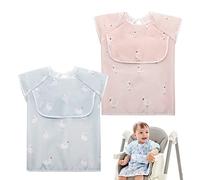 Little Dimsum Weaning Bib with Sleeves Short Sleeves Waterproof Feeding Bibs Baby Bibs Apron Coverall with Top Large Pocket Bag for Babies &Toddlers (Duck&Sheep)