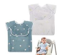 Little Dimsum Weaning Bib with Sleeves Short Sleeves Waterproof Feeding Bibs Baby Bibs Apron Coverall with Top Large Pocket Bag for Babies &Toddlers (Flower Sets)