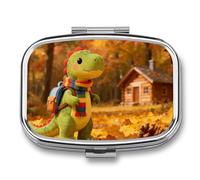 Little Dinosaur's Autumn Forest Roaming Pill Organizer Small Pill Box with Two Compartments Pill Case Metal Medicine Organizer Portable Medicine Box Holder Medication Holder Travel Pill Container