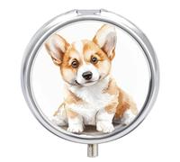 Little Dog Sits Pill Box 3 Compartment Travel Pill Organizer 3 Times A Day Cute Mini Pill Case for Purse & Pocket Portable Metal Medicine Box with Mirror Round Daily Medicine Vitamin Container