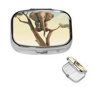 Little Elephant on Tree Pill Box 2 Compartment Square Portable Pill Case for Pocket or Purse Small Weekly Medicine Planner Travel Pillbox with Mirror Decorative Metal Vitamin Holder Gifts