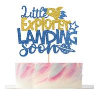 Little explorer Landing Soon Cake Topper, Space Theme Rockets Cake Decoration for Gender Reveal Baby Shower Party Supplies