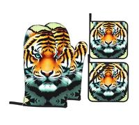 Little Fat Tiger Head A 4-Piece Oven mitt and potholder Set with Printed Grilling Mitts is Perfect for Cooking Baking and Grilling