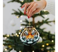 Little Fat Tiger Head Ceramic Christmas Ornaments - 2.8 Inch Round Double-Sided Xmas Tree Decorations with Gold Ribbon for Home Holiday Decor, Gift for Family & Friends