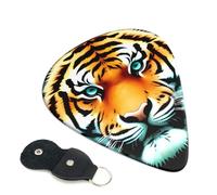 Little Fat Tiger Head Guitar Picks 6 Pack with Leather Guitar Pick Holder Keychain, Plectrum Key Fob Cases Bag, Abstract Art Plectrum for Acoustic Electric Guitar, Ukulele 0.96mm
