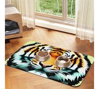 Little Fat Tiger Head Pet Feeding Mat Absorbent Pu Leather Dog Cat Food Mats Contain Spills Protects Floors, Anti-Slip Rubber Backing Dog Bowl Mats Easy Clean Pet Placemats 30x45cm