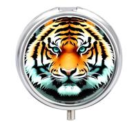 Little Fat Tiger Head Pill Box 3 Compartment Waterproof Pill Container with Mirror Metal Medicine Box Organizer Portable Vitamin Case for Pocket & Purse Travel - Round