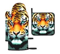 Little Fat Tiger Headoven Glove And Pot Holder 3 Piece Set, &Heat Resistant And Insulated Kitchen Oven Gloves For Cooking.