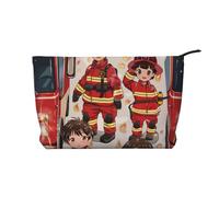 Little Firefighters Printed Corduroy Makeup Bag for Women Cute Make up Bag Travel Cosmetic Bag with Wristlet