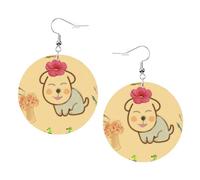 Little flower with cute dog Prints Leather round earrings Pendant Stylish and beautiful Lightweight Dangle for Women Girls