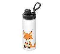 Little Fox Eating Cake 18oz Bulk Insulated Water Bottle, Stainless Steel with Lid for Adults. Ideal for Everyday Use and Outdoor Activities