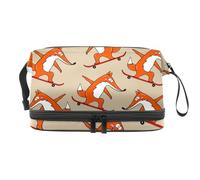 Little Fox Riding Skateboard Double Layer Cosmetic Bag for Women and Girls, Travel Toiletry Bag Makeup Handy Pouch Organiser Bag with Brush Compartment