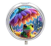 Little Frog on The Flower Pill Case 3 Compartment Round Pill Box | Portable Travel Pill Organizer for Purse, Mini Pill Holder Compact Daily Vitamin Supplement & Medicine Case for Men Women