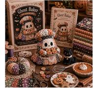 Little Ghost's Cozy Halloween DIY Patchwork Kit, Retro Cute Ghost Plush Sewing Craft Kit with Pre-Cut Fabric, Patterns & Accessories, for a Unique Cotton, Handmadehalloween Decor for Beginners (#E)
