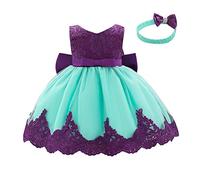 Little Girl Babe One Year Old Dress Small V-Neck Princess Baby Tutu Cocktail Dress Birthday Gift Bow Skirt Headband 2PCS New Year Party Fluffy Princess Dress Green Purple 9-12 Months