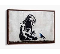 Little Girl Blue Bird Banksy Style Canvas Floater Frame Print Picture Art - Walnut Frame 18 inch wide x 12 inch high