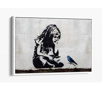 Little Girl Blue Bird Banksy Style Canvas Floater Frame Print Picture Art - White Frame 36 inch wide x 24 inch high