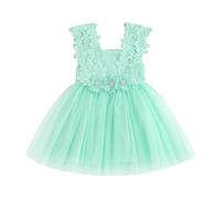 Little Girl Christmas Tutu Dress Spaghetti Strap Square Neck Sleeveless Glitter Stars Pom Pom Sheer Mesh Layered Tulle Dress (Lace Flower Green, 6-7 Years)