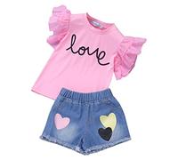 Little Girl Outfits with Hats Short Sleeve Letters Prints Tops Jeans Skirt 2pcs Set Outfits (Pink, 18-24 Months)