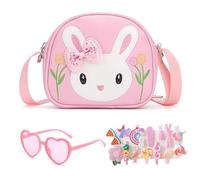 Little Girl Rabbit Bag, Handbag Girls with 1 Piece Pink Glasses and 14 Pieces Hair Clips, Shoulder Bag Girls, Kids Rabbit Purse PU Leather Princess Mini Handbag for Children (Pink)