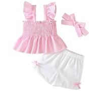 Little Girl Summer 3 Piece Outfits Set Fly Sleeve Smocked Ruffle Tank Top with Elastic Waist Shorts Headband (3-4 Years) Pink