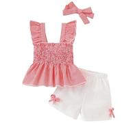 Little Girl Summer 3 Piece Outfits Set Fly Sleeve Smocked Ruffle Tank Top with Elastic Waist Shorts Headband (Red, 4-5 Years)