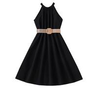 Little Girl Summer Halter Neck Off Shoulder Solid High Waist A-Line Midi Dress with Belt 11Y Black 11-12 Years
