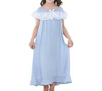 Little Girls Big Girls Lace Shoulder Crew Neck Long Sleepwear Soft Pajama Dress Nightgowns Toddler Owl Pajamas (Blue, 8 Years)
