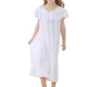 Little Girls Big Girls Lace Shoulder Crew Neck Long Sleepwear Soft Pajama Dress Nightgowns Toddler Owl Pajamas (White, 10 Years)