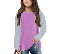 Little Girls Casual Long Sleeve Raglan Sleeve T Shirts Crewneck Tunic Tops Kids Teen Color Block Tee Blouses Autumn Clothes Bulk Tops Girls Purple