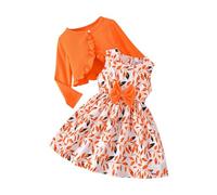Little Girls Dress Sets Prints Sleeveless Bow High Waist A-line Swing Dress and Long Sleeve Open Front Cardigan (Orange, 8 Years)