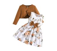 Little Girls Dress Sets Prints Sleeveless Bow High Waist A-line Swing Dress and Long Sleeve Open Front Cardigan (Khaki, 6 Years)